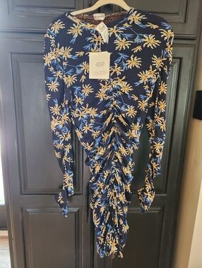 Diane Von Furstenburg In Charge Navy Floral Ruched Long Sleeve Reversible Dress